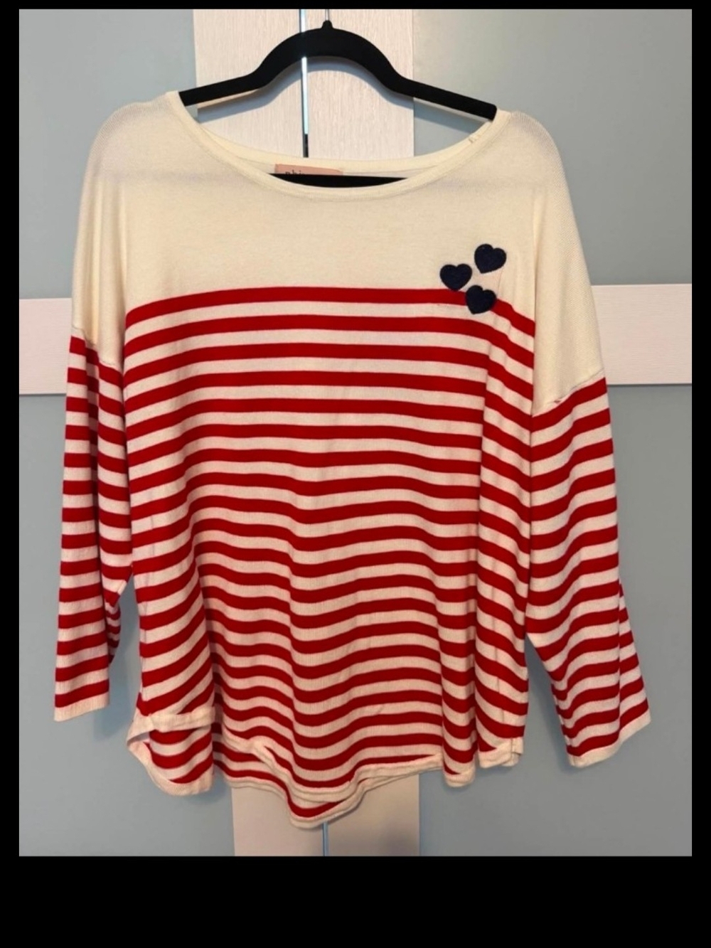Striped Red and Cream Women’s Boatneck  Sweater Top with Heart Accents
